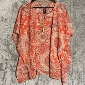 Chico’s Boho Kimono Top L XL Paisley Batwing Dolman Sleeve Tie Neck Blouse